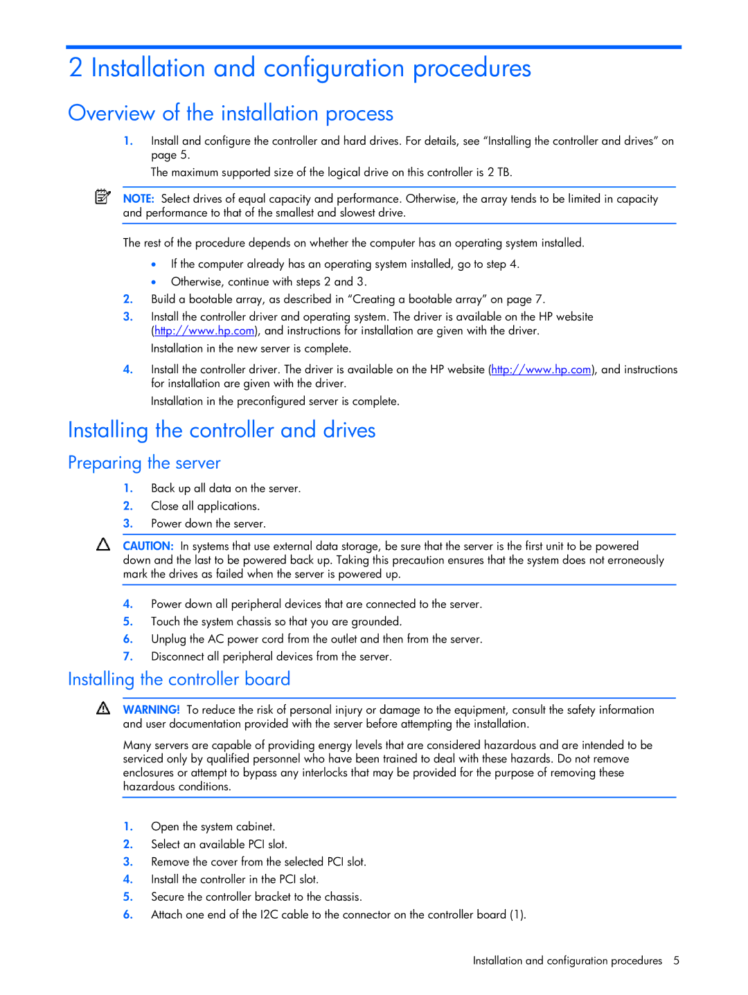 HP 6-Port SATA RAID Installation and configuration procedures, Overview of the installation process, Preparing the server 