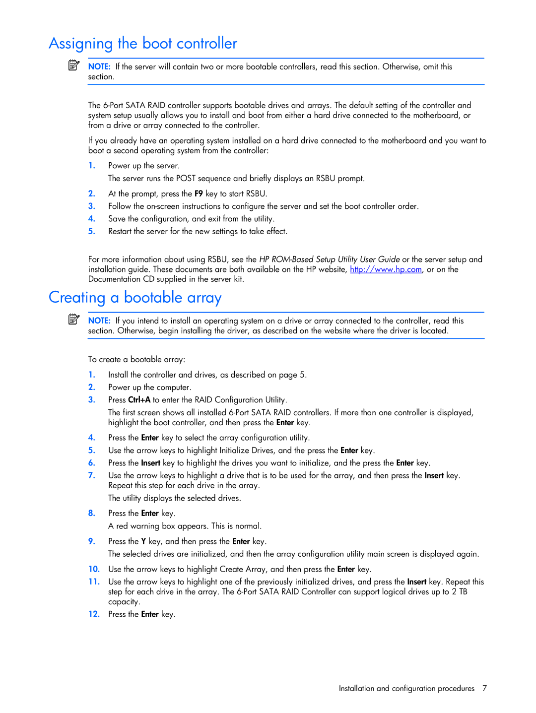 HP 6-Port SATA RAID manual Assigning the boot controller, Creating a bootable array 