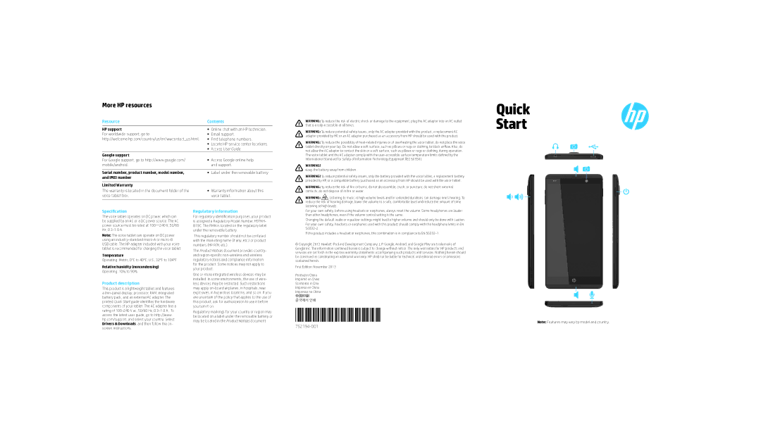 HP 6 VoiceTab II manual More HP resources, Resource Contents, Specification, Product description Regulatory information 