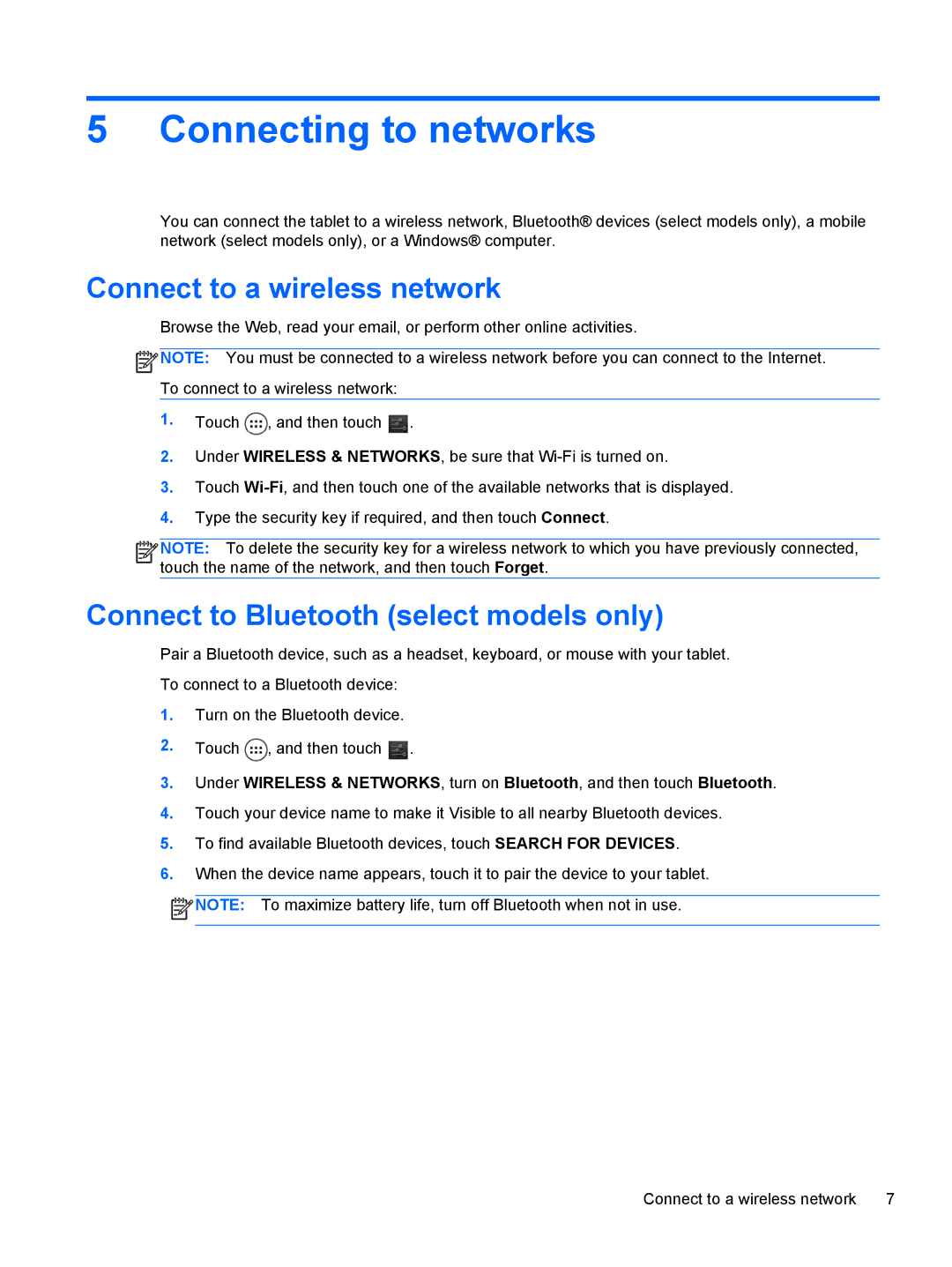 HP 6 VoiceTab II manual Connecting to networks, Connect to a wireless network, Connect to Bluetooth select models only 