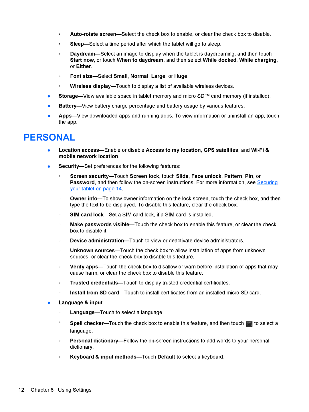 HP 6 VoiceTab II manual Font size-SelectSmall, Normal, Large, or Huge, Language & input 