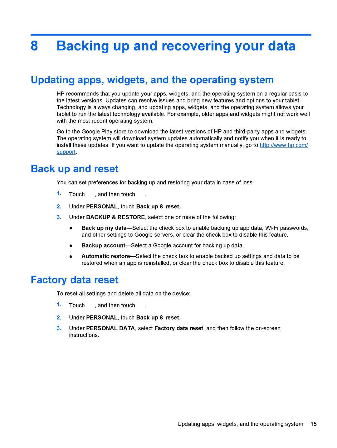 HP 6 VoiceTab II Backing up and recovering your data, Updating apps, widgets, and the operating system, Back up and reset 