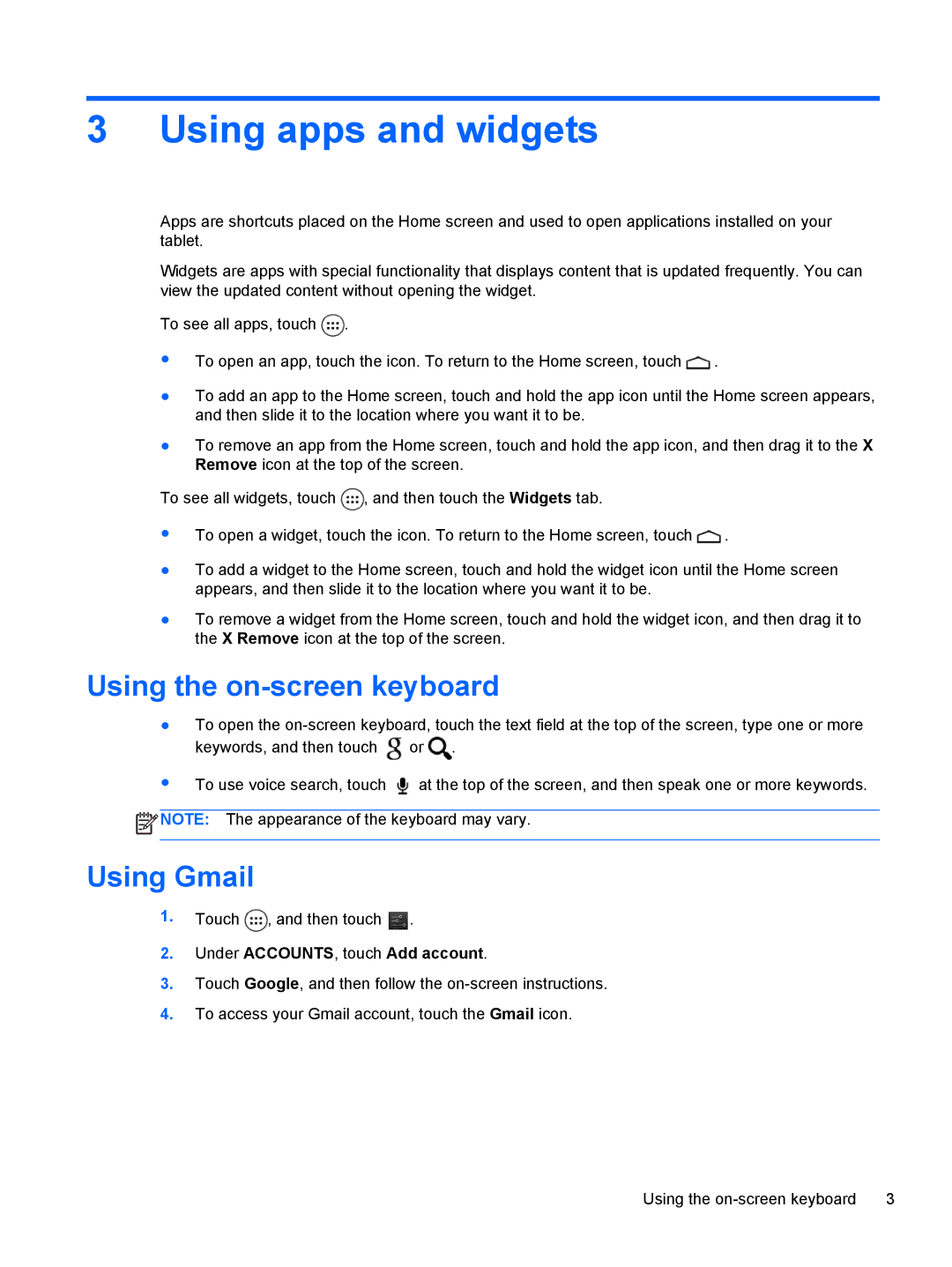 HP 6 VoiceTab II Using apps and widgets, Using the on-screen keyboard, Using Gmail, Under ACCOUNTS, touch Add account 