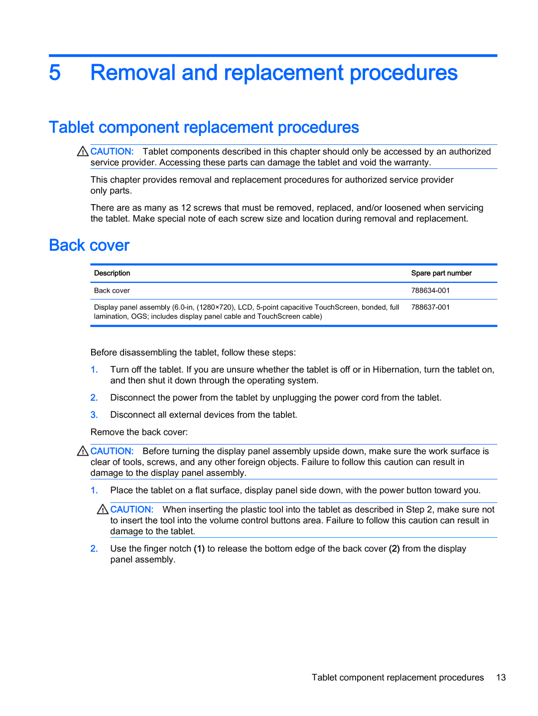 HP 6 VoiceTab Plus manual Removal and replacement procedures, Tablet component replacement procedures, Back cover 