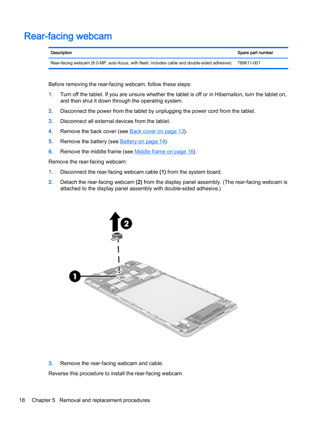 HP 6 VoiceTab Plus manual Rear-facing webcam, Description Spare part number 