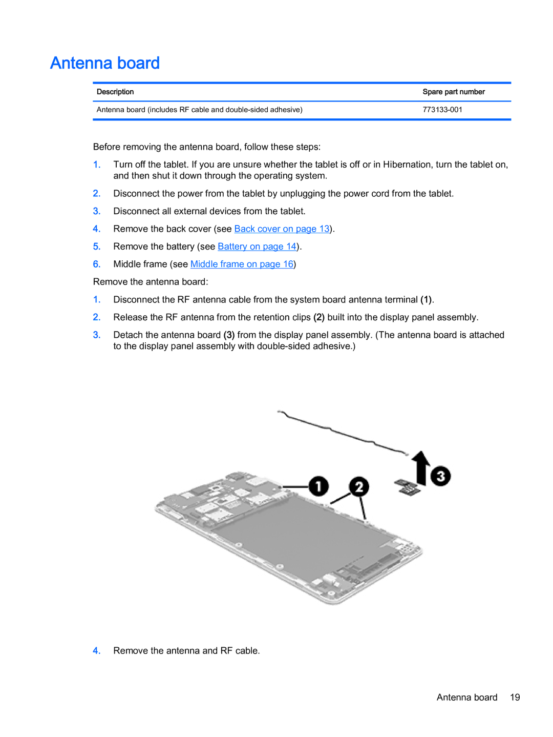 HP 6 VoiceTab Plus manual Antenna board, Middle frame see Middle frame on 