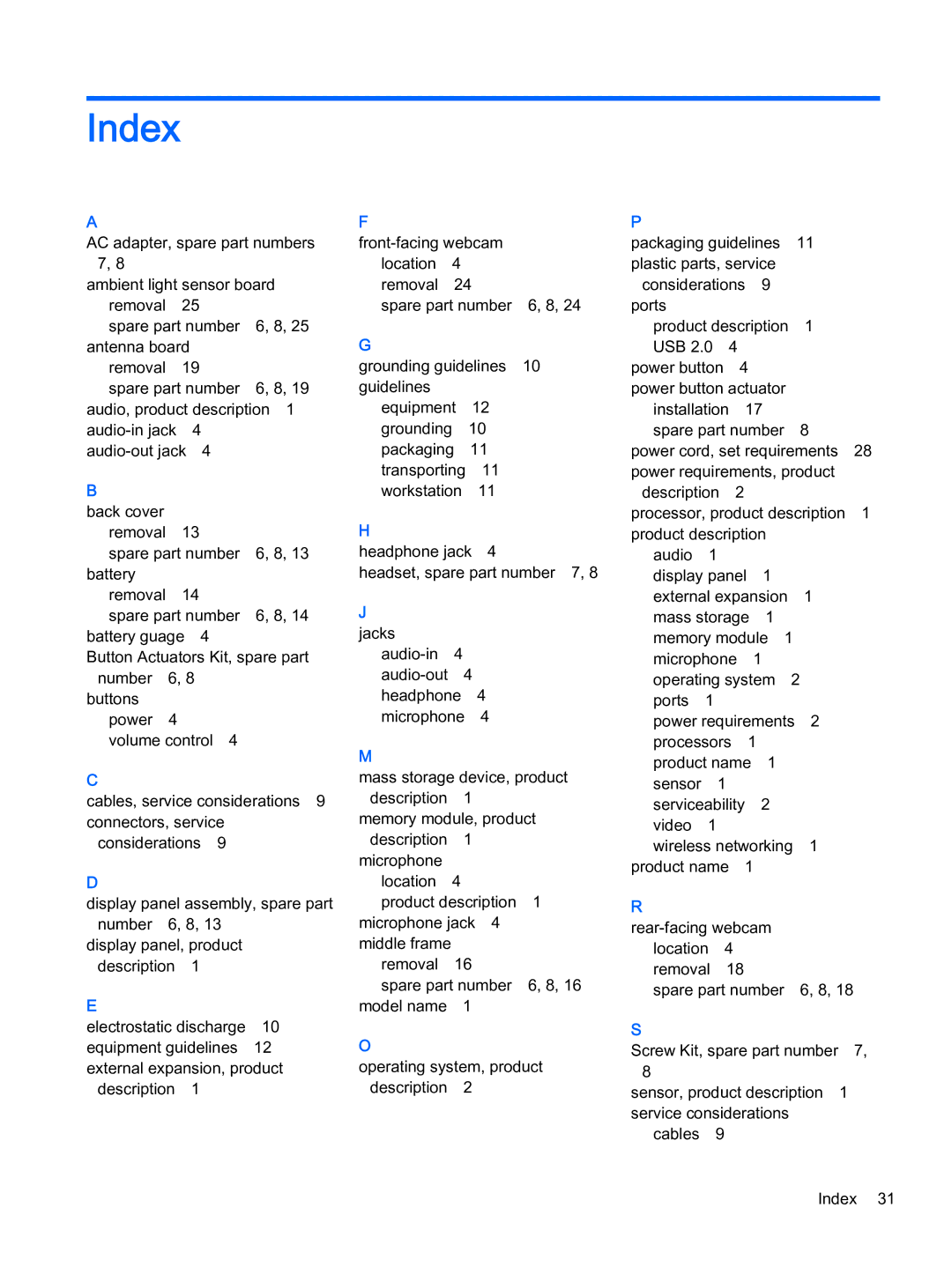 HP 6 VoiceTab Plus manual Index, Jacks 