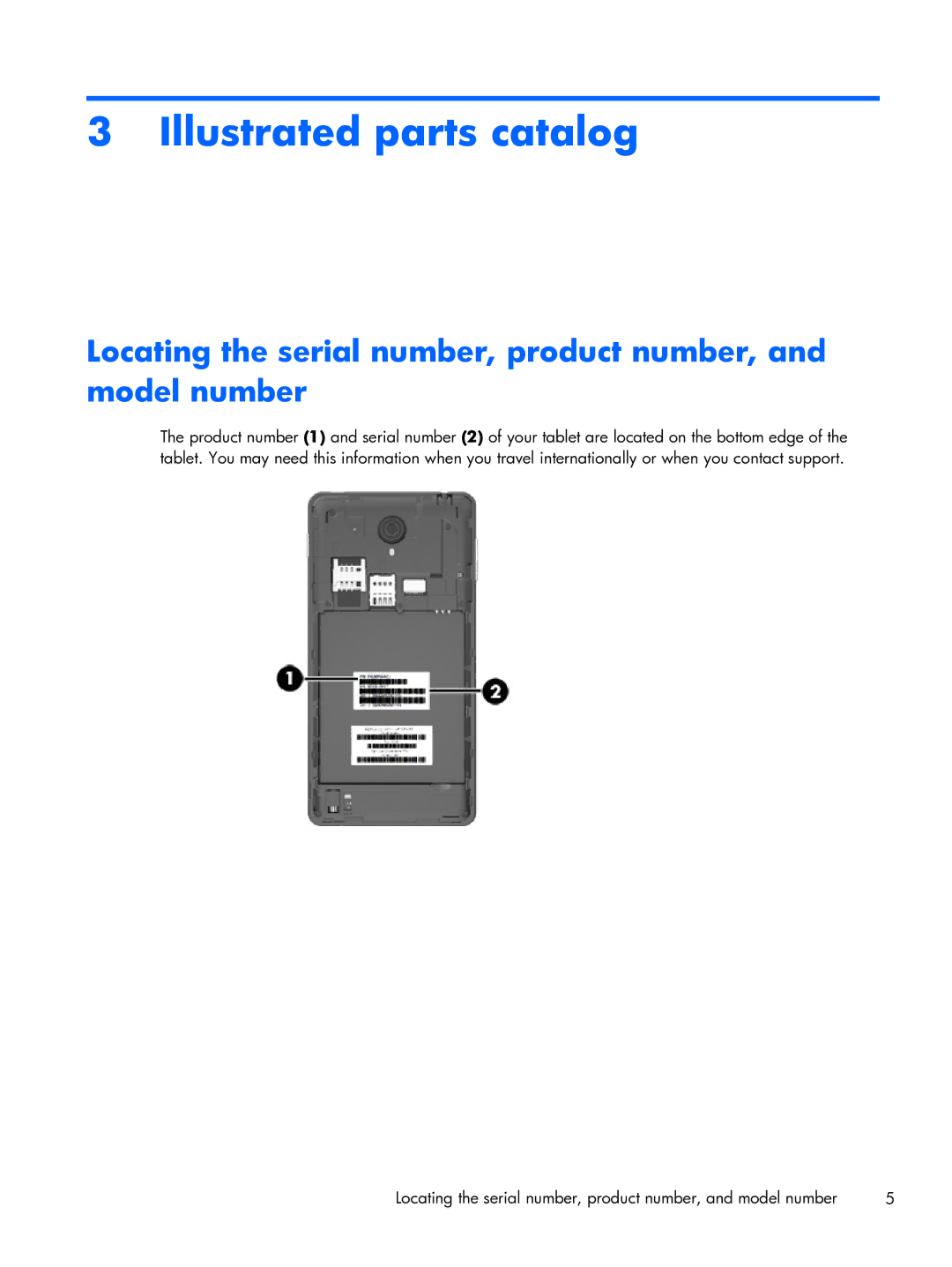 HP 6 VoiceTab manual Illustrated parts catalog, Locating the serial number, product number, and model number 