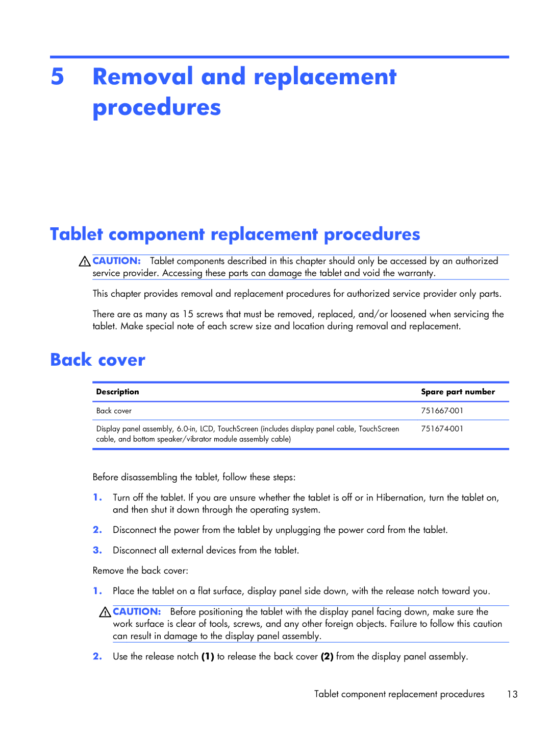 HP 6 VoiceTab manual Removal and replacement procedures, Tablet component replacement procedures, Back cover 