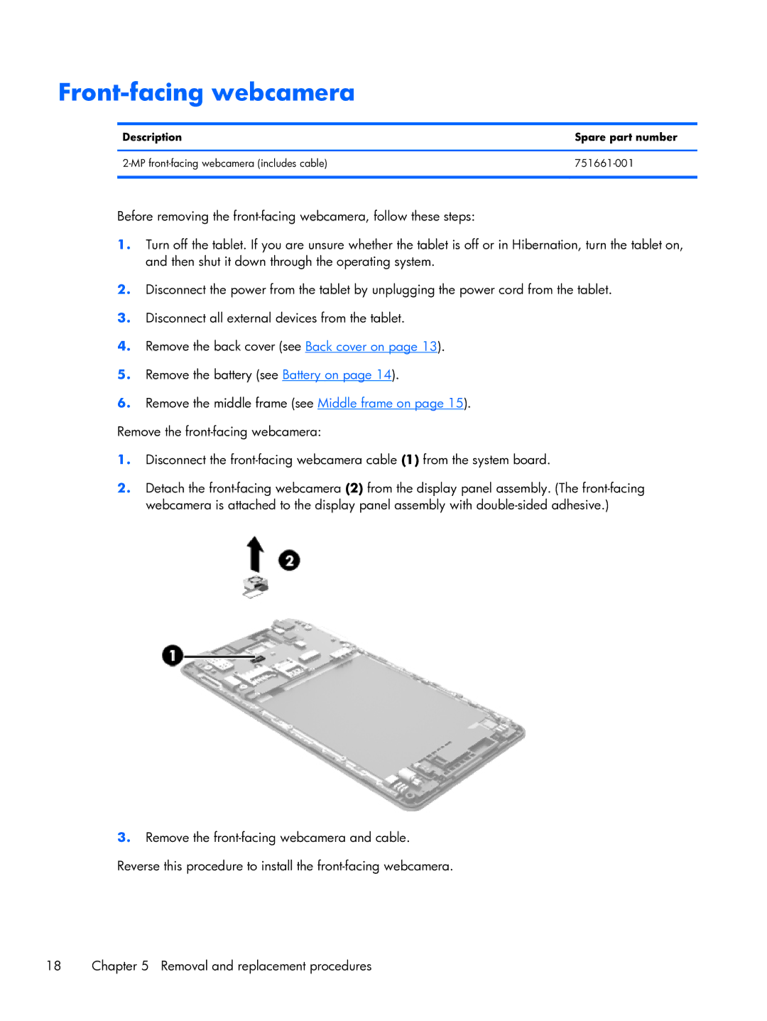 HP 6 VoiceTab manual Front-facing webcamera, Description Spare part number 