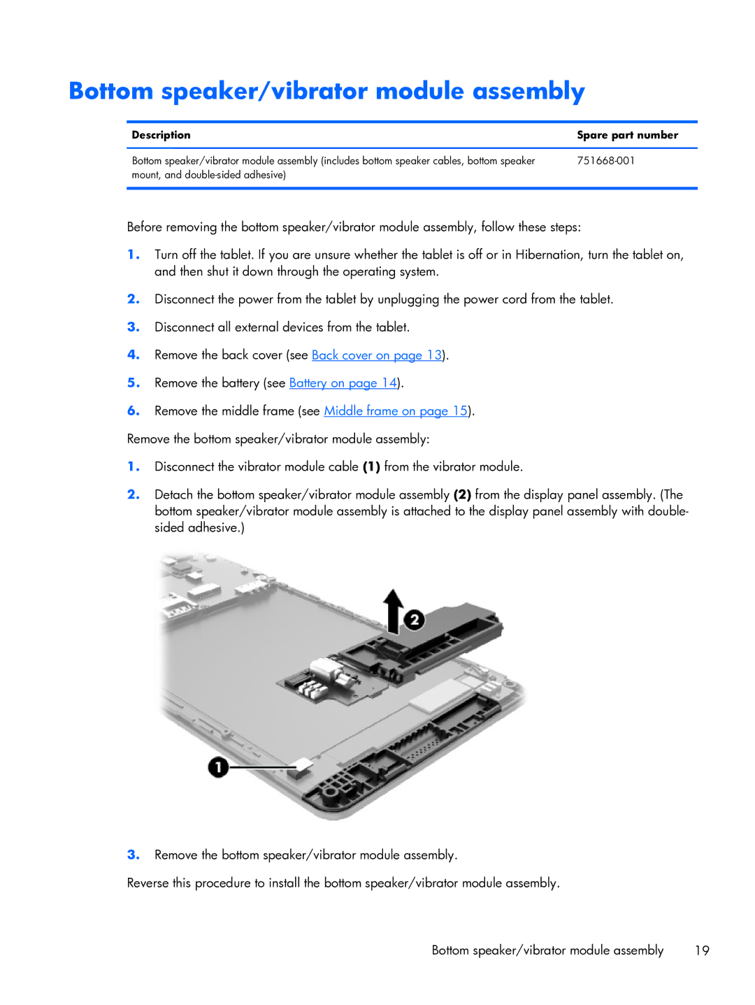 HP 6 VoiceTab manual Bottom speaker/vibrator module assembly 