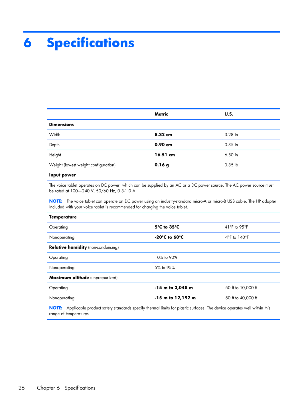 HP 6 VoiceTab manual Specifications 