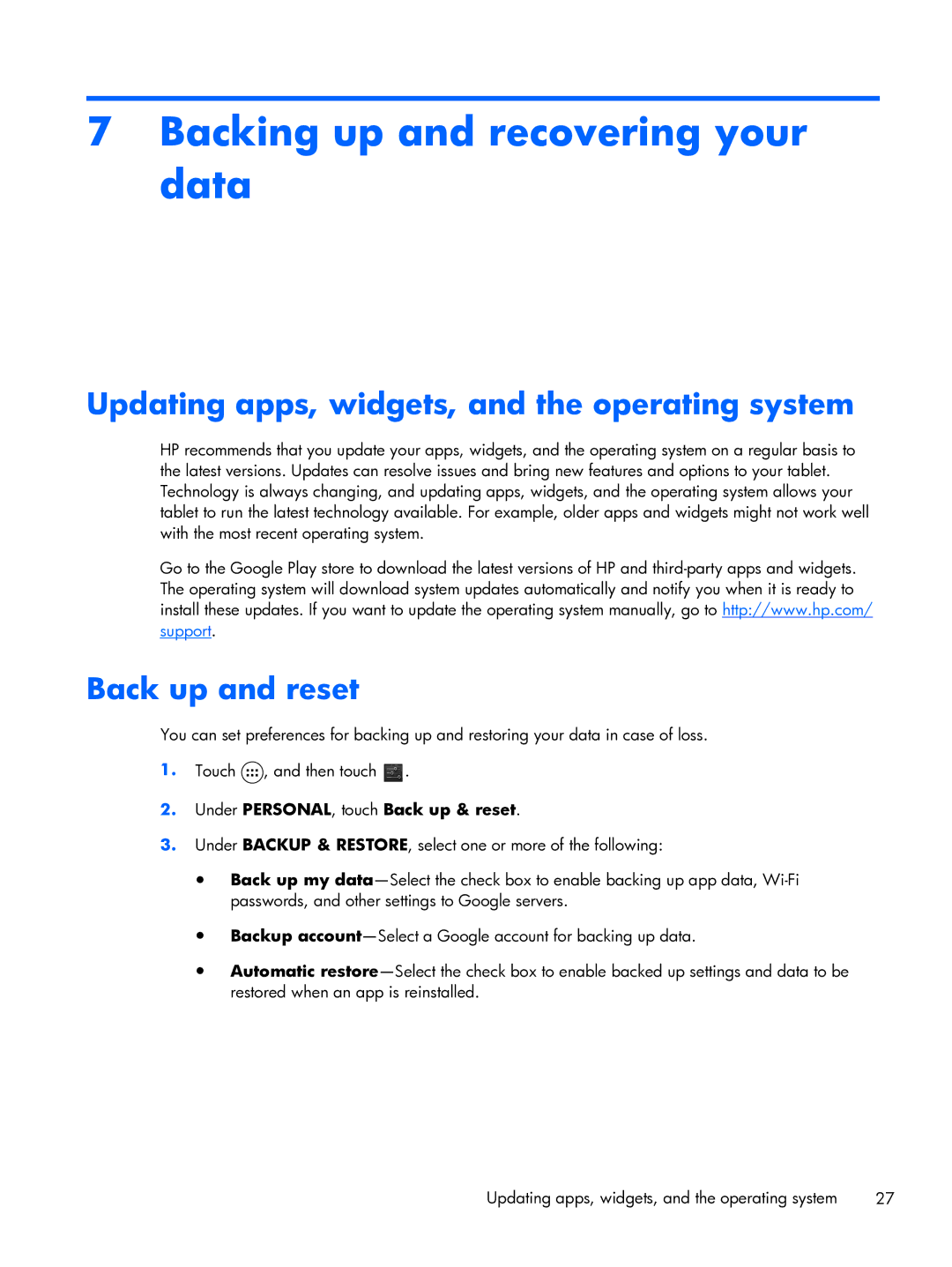 HP 6 VoiceTab Backing up and recovering your data, Updating apps, widgets, and the operating system, Back up and reset 