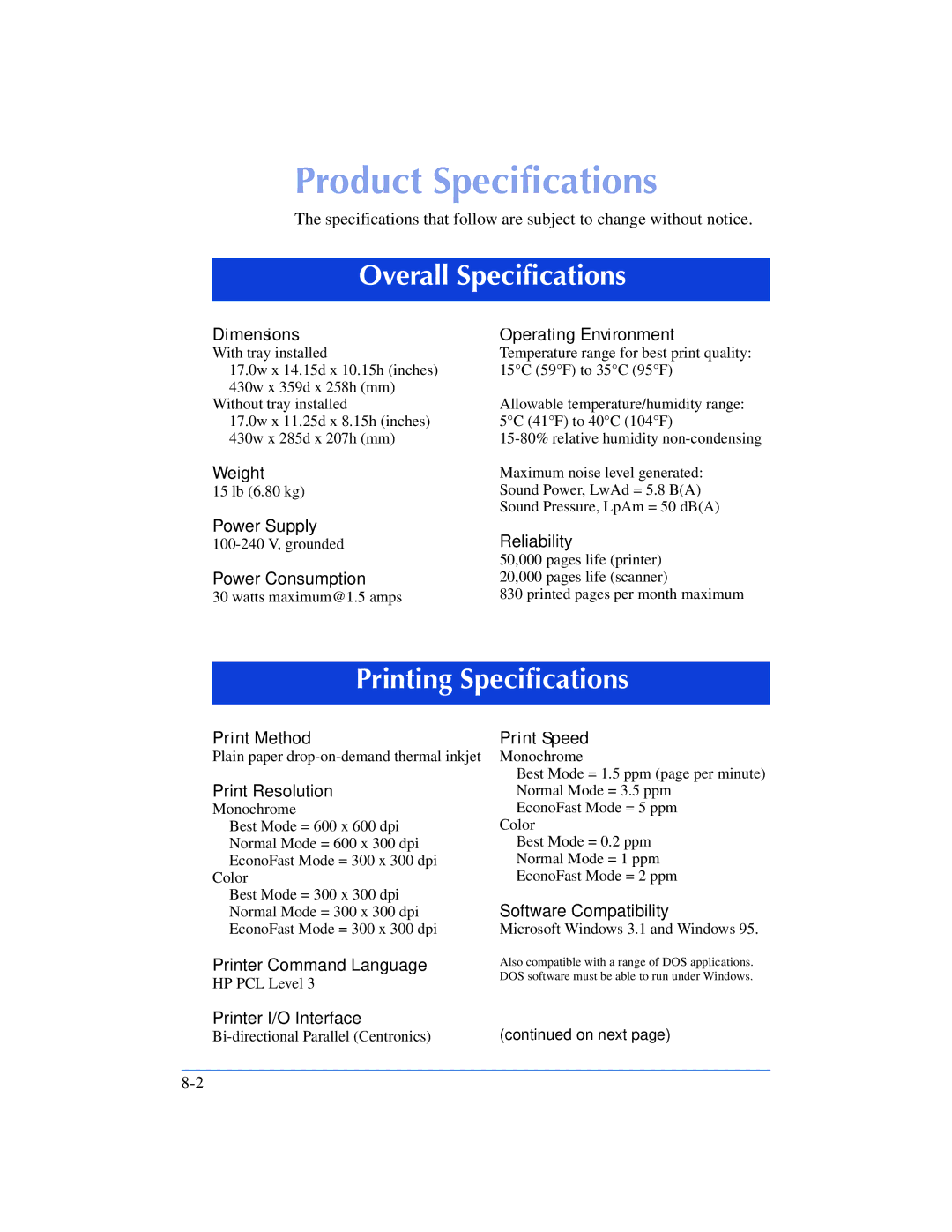 HP 600, 610 manual Product Specifications, Overall Specifications 