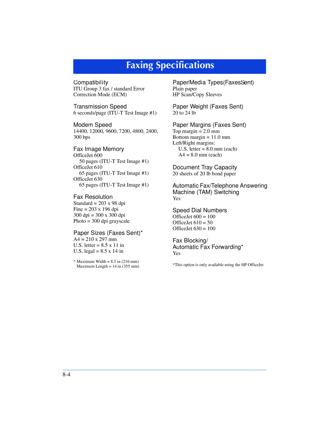 HP 600, 610 manual Faxing Specifications 