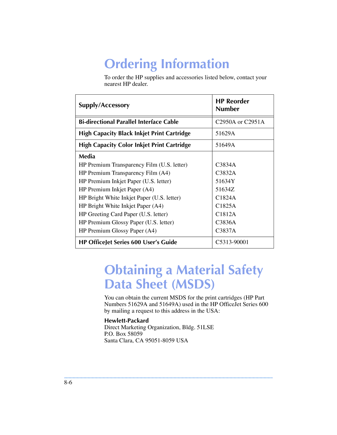 HP 600, 610 manual Ordering Information, Supply/Accessory HP Reorder Number 