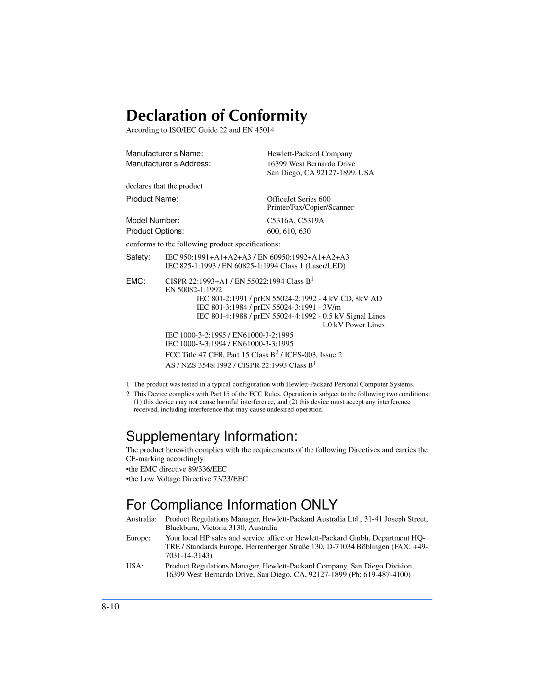 HP 600, 610 manual Declaration of Conformity, Product Options 