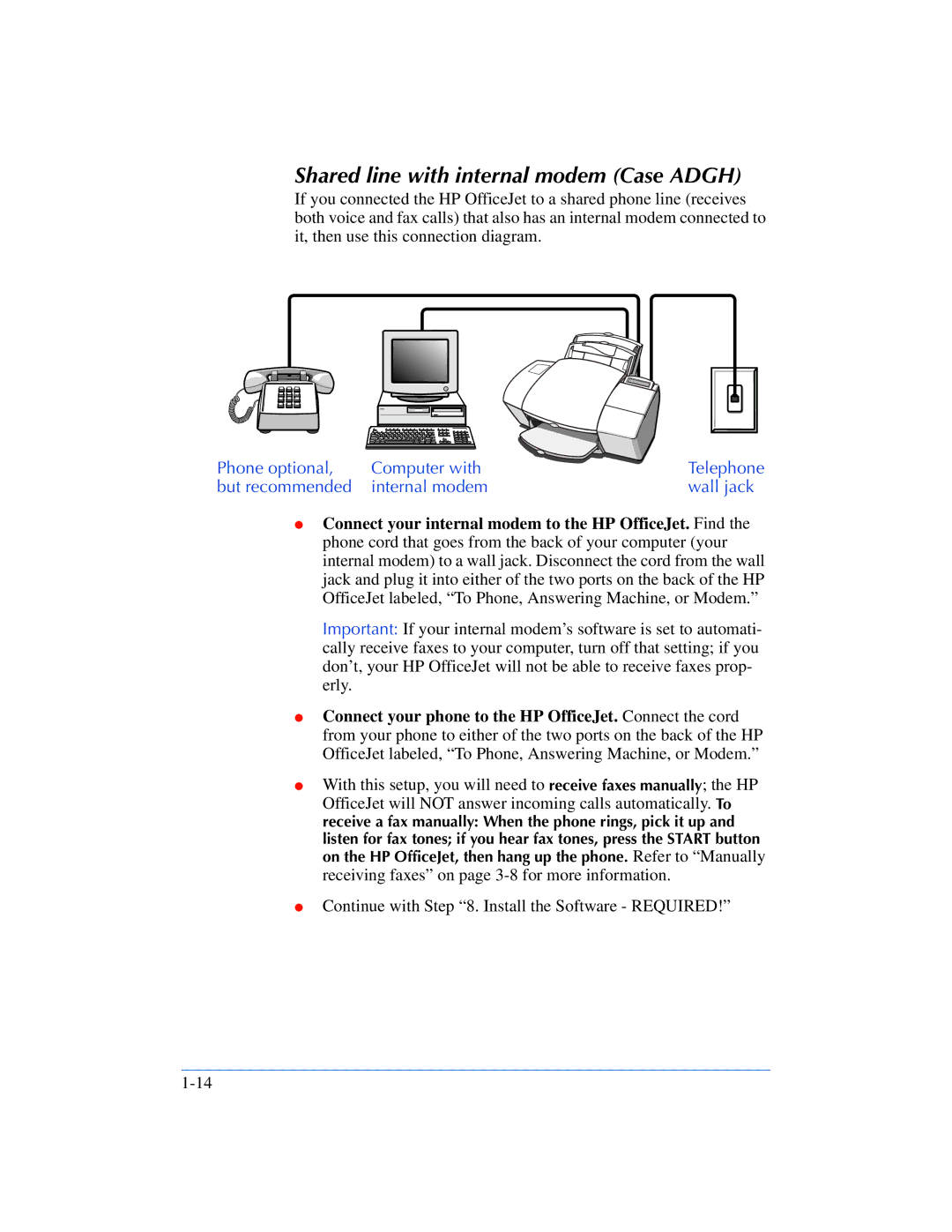 HP 600, 610 manual Shared line with internal modem Case Adgh, Phone optional Computer with 