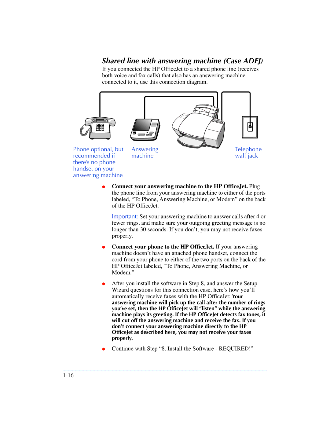 HP 600, 610 manual Shared line with answering machine Case Adej, Phone optional, but Answering 