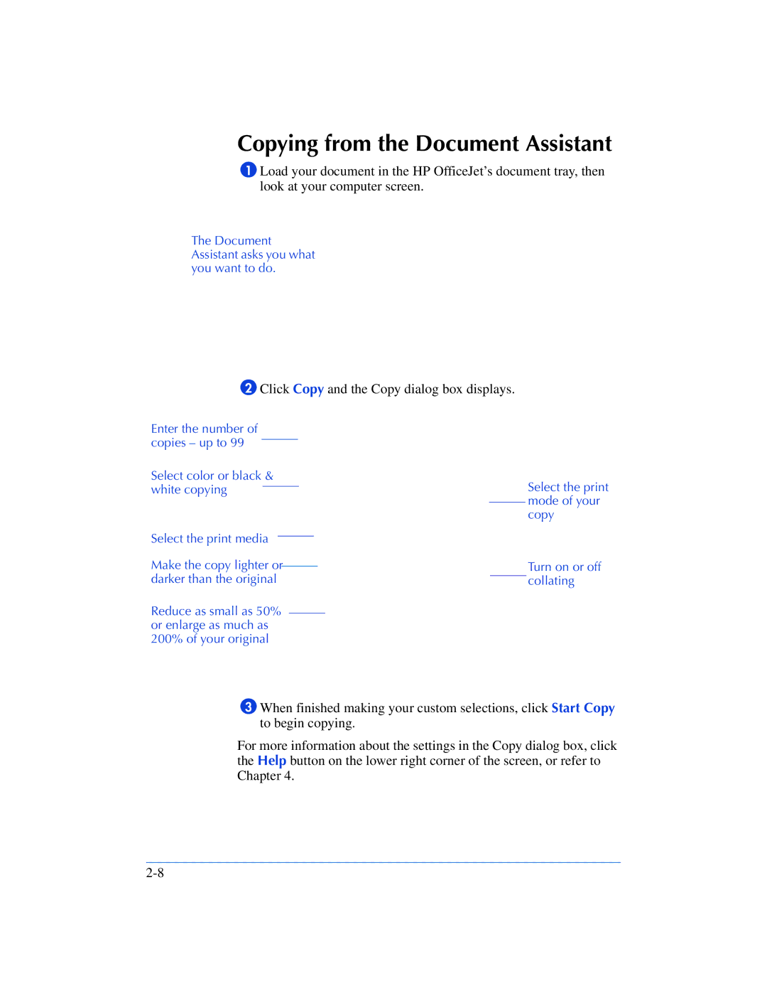 HP 600, 610 manual Copying from the Document Assistant, Click Copy and the Copy dialog box displays 