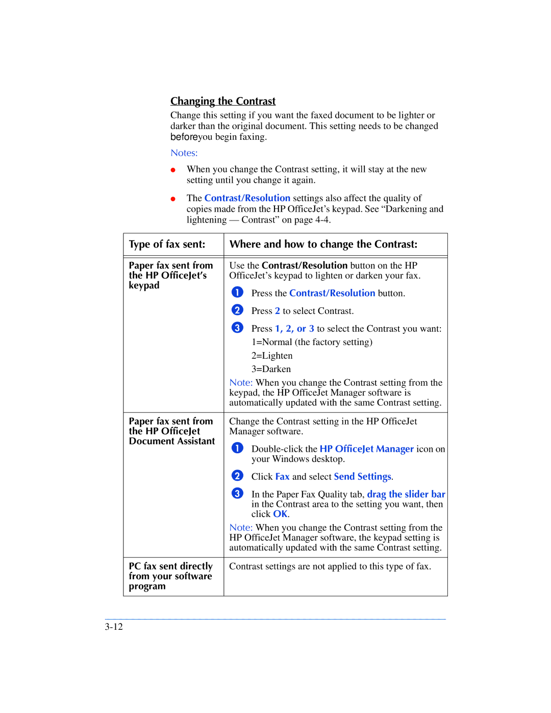 HP 600, 610 manual Changing the Contrast, Type of fax sent Where and how to change the Contrast 