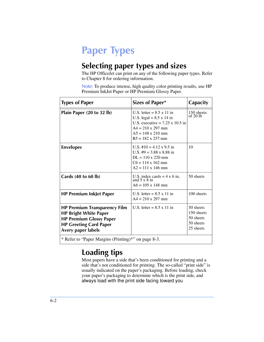 HP 600, 610 manual Paper Types, Selecting paper types and sizes, Loading tips, Types of Paper Sizes of Paper Capacity 