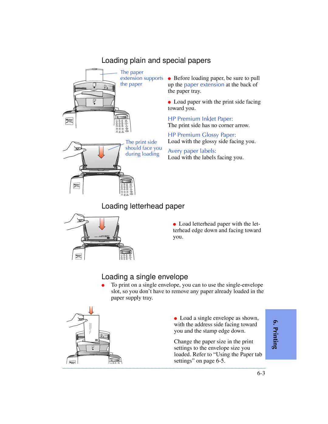 HP 610, 600 manual Loading plain and special papers, Loading letterhead paper, Loading a single envelope 