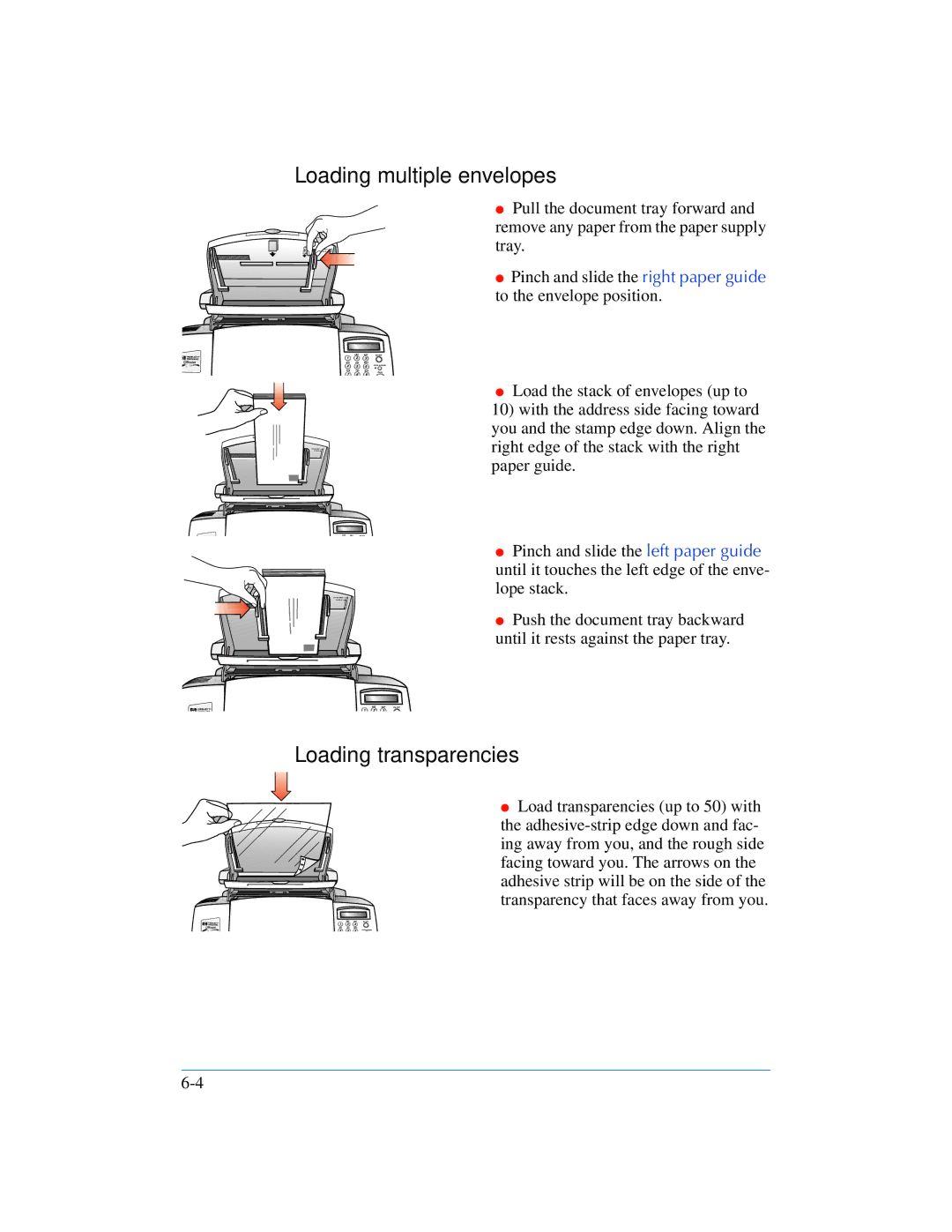 HP 600, 610 manual Loading multiple envelopes, Loading transparencies 