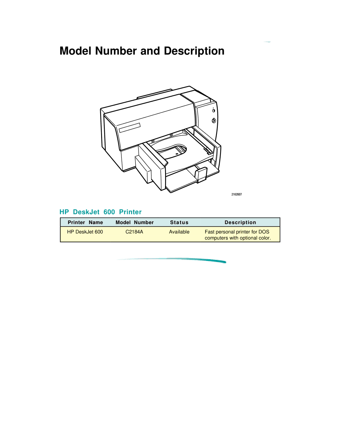 HP 600 C2184A manual Model Number and Description, HP DeskJet Printer, Printer Name Model Number 