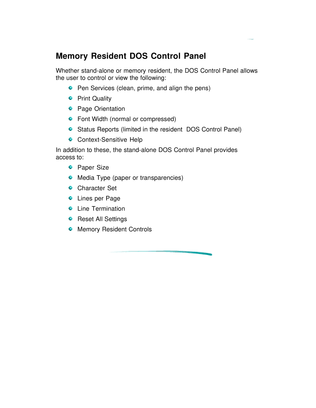 HP 600 C2184A manual Memory Resident DOS Control Panel 