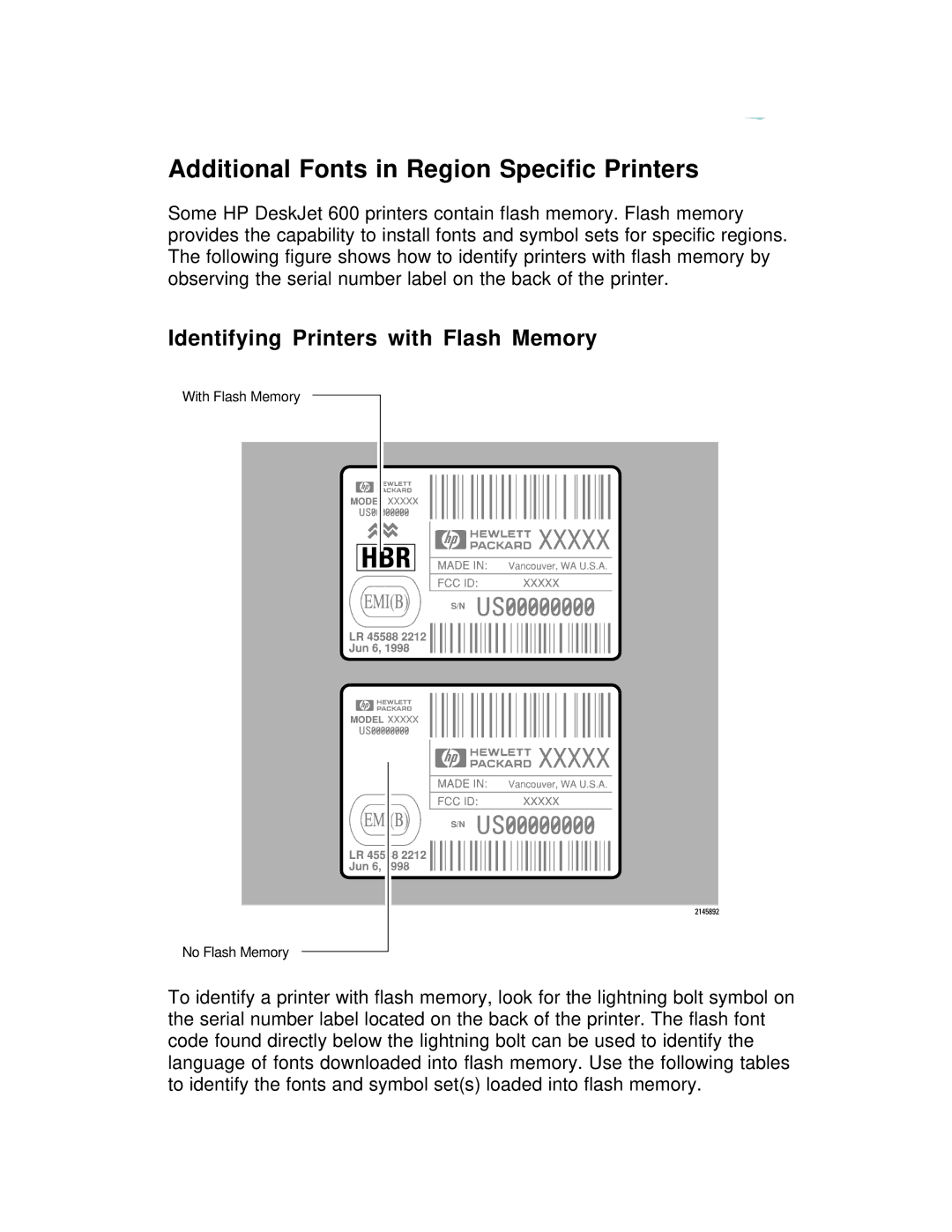 HP 600 C2184A manual Additional Fonts in Region Specific Printers, Identifying Printers with Flash Memory 