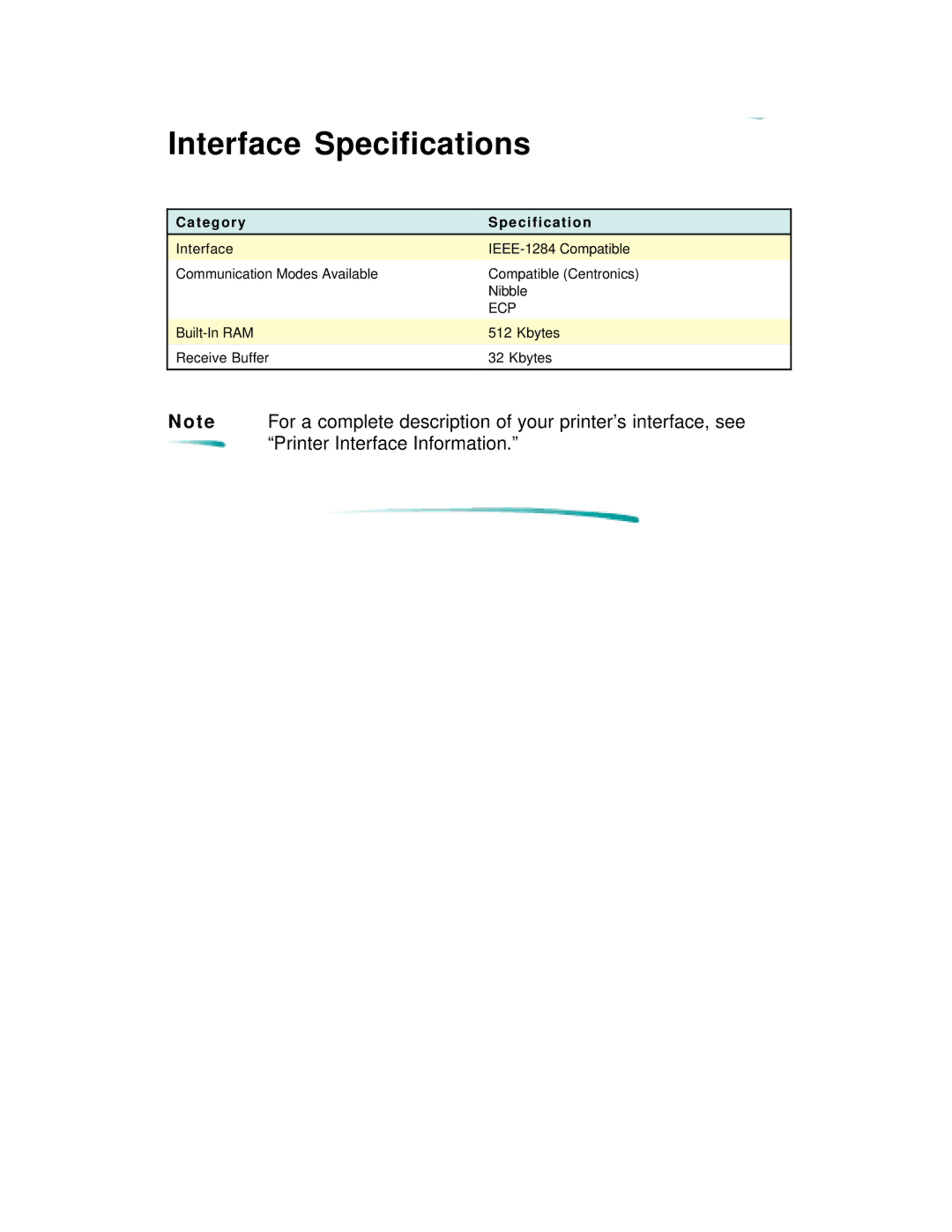 HP 600 C2184A manual Interface Specifications, T e g o r y Specification 