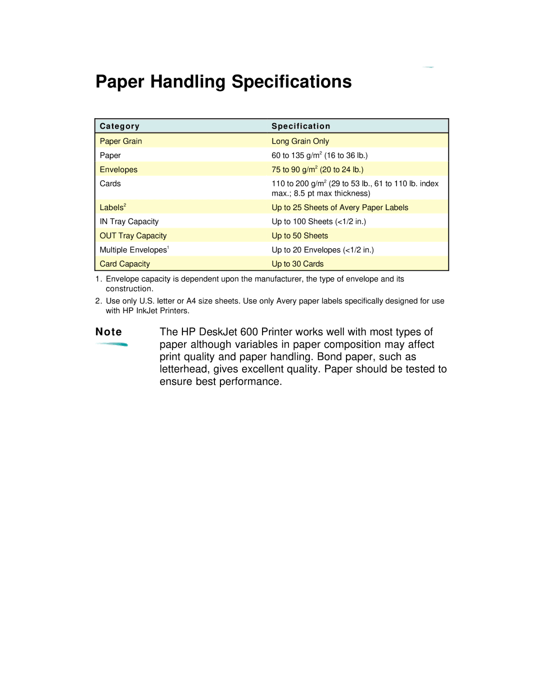 HP 600 C2184A manual Paper Handling Specifications, T e g o r y Specification 