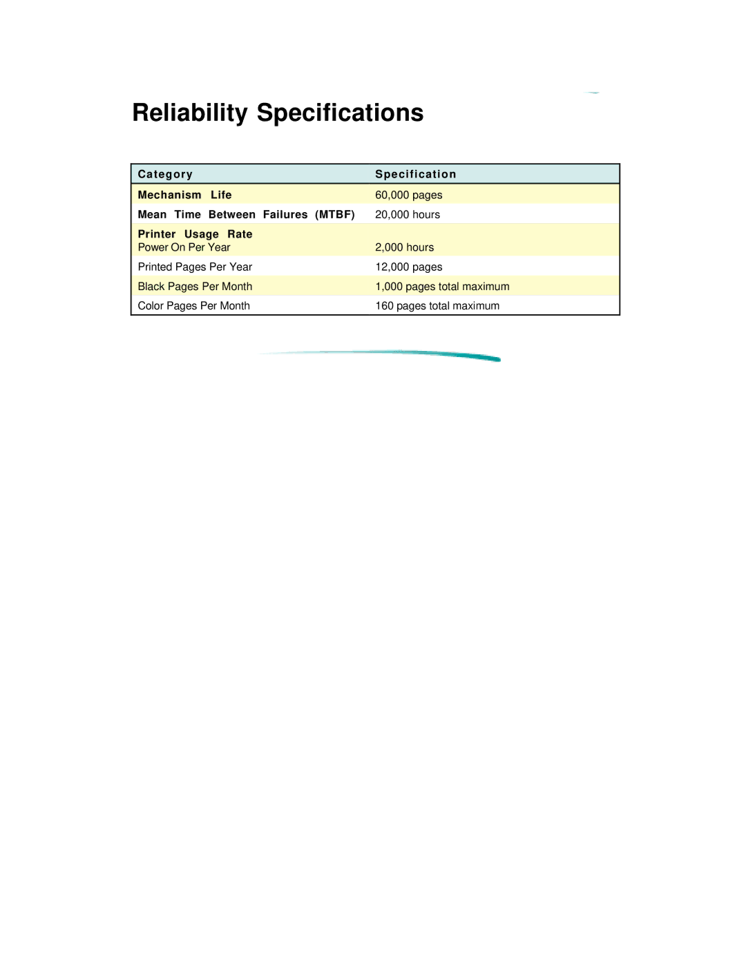 HP 600 C2184A manual Reliability Specifications, T e g o r y Specification Mechanism Life, Mean Time Between Failures Mtbf 