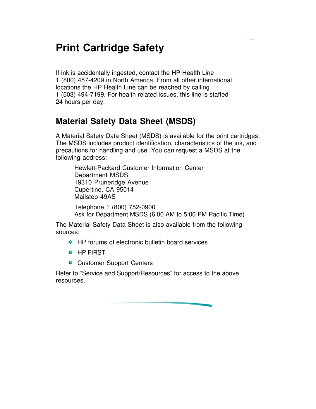 HP 600 C2184A manual Print Cartridge Safety, Material Safety Data Sheet Msds 