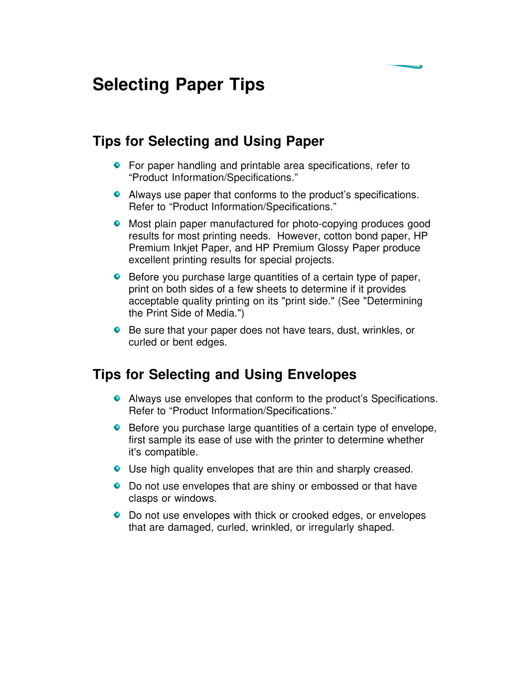 HP 600 C2184A manual Selecting Paper Tips, Tips for Selecting and Using Paper, Tips for Selecting and Using Envelopes 