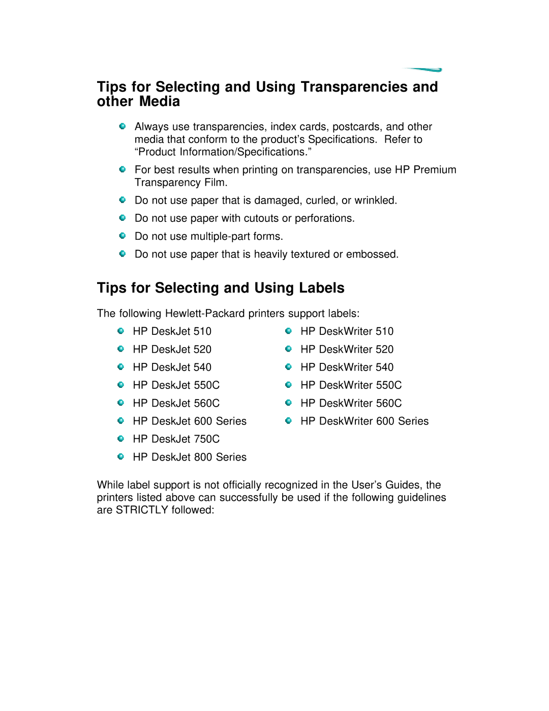 HP 600 C2184A manual Tips for Selecting and Using Transparencies and other Media, Tips for Selecting and Using Labels 