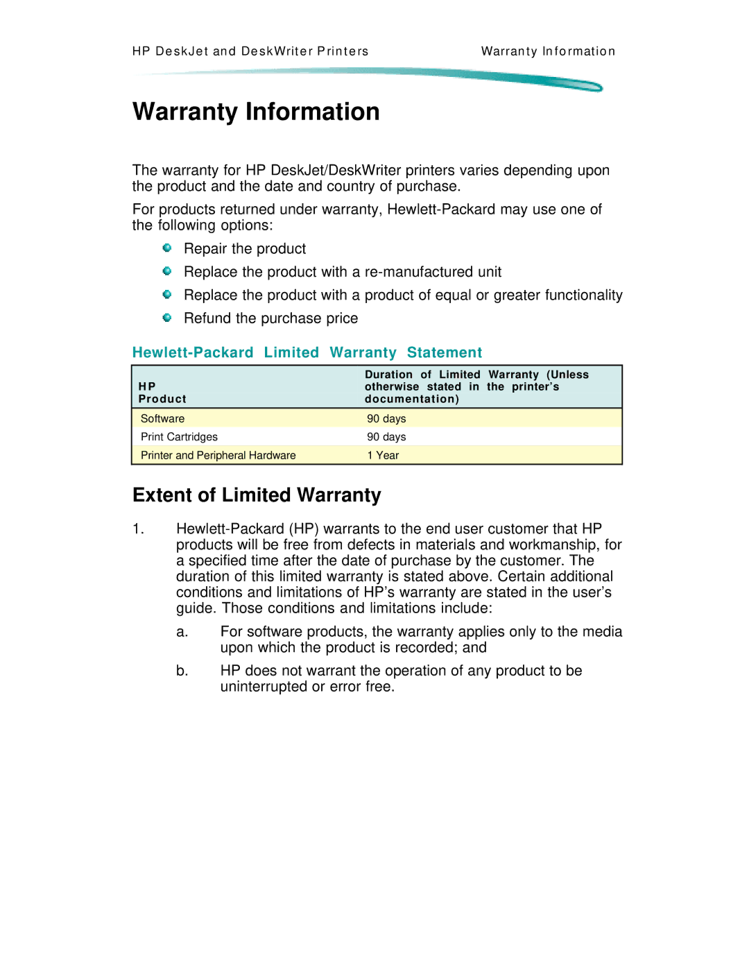 HP 600 C2184A manual Warranty Information, Extent of Limited Warranty, Hewlett-Packard Limited Warranty Statement 