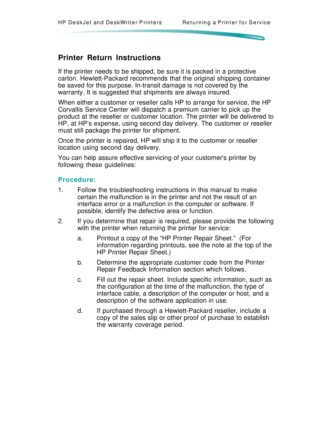 HP 600 C2184A manual Printer Return Instructions, Procedure 