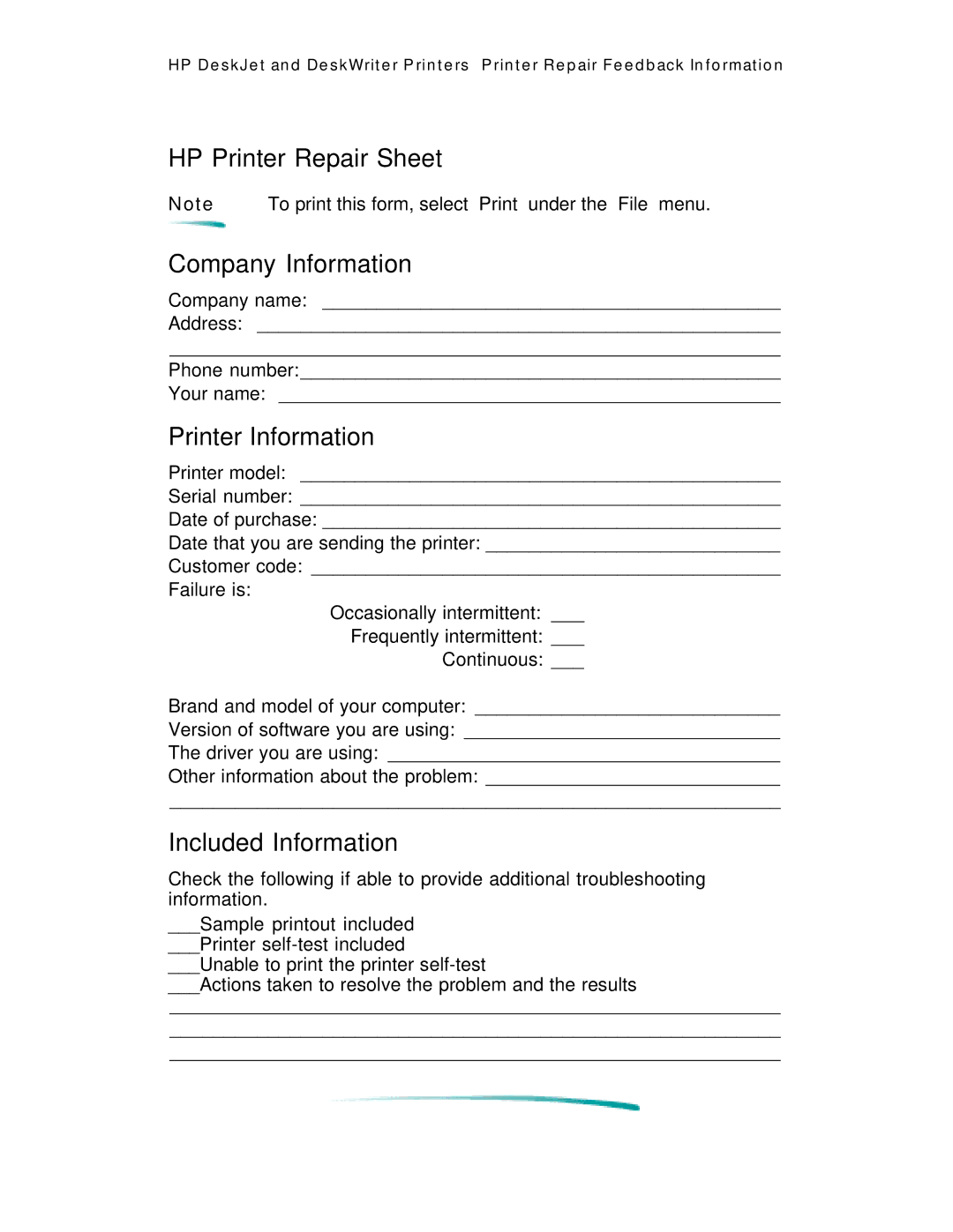 HP 600 C2184A manual HP Printer Repair Sheet, Company Information, Printer Information, Included Information 