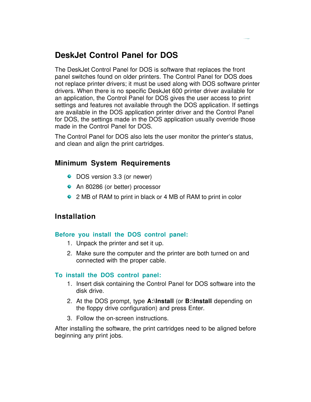 HP 600 C2184A DeskJet Control Panel for DOS, Minimum System Requirements, Installation, To install the DOS control panel 