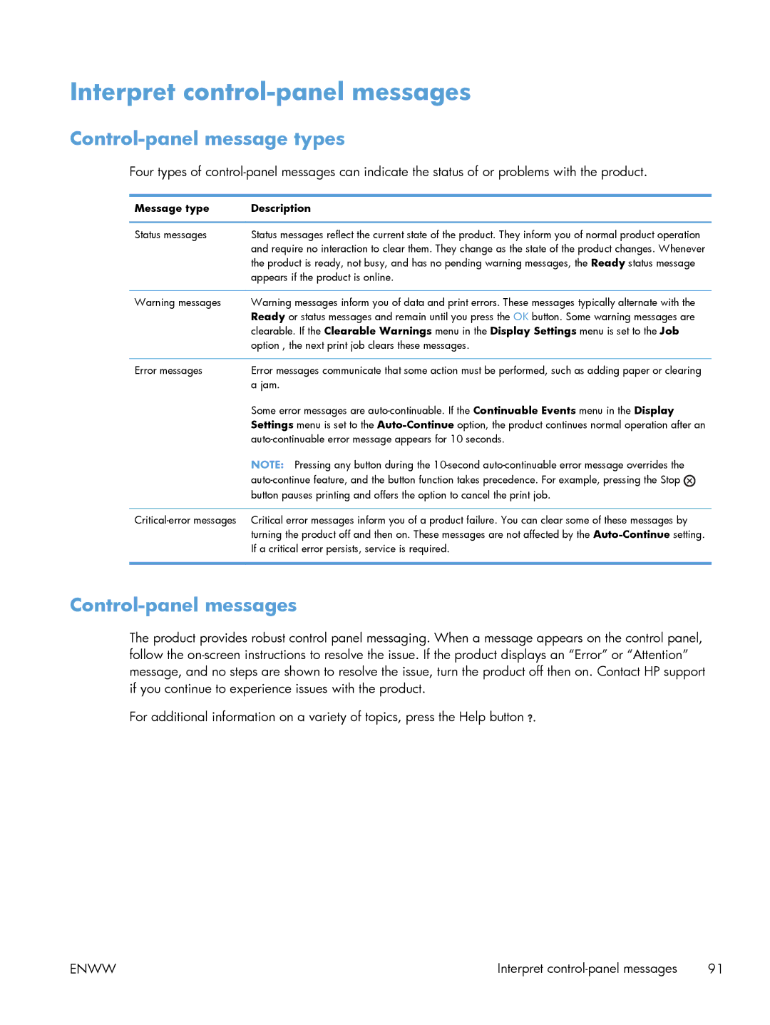 HP 600 M603XH Laser CE996A#BGJ manual Interpret control-panel messages, Control-panel message types, Control-panel messages 