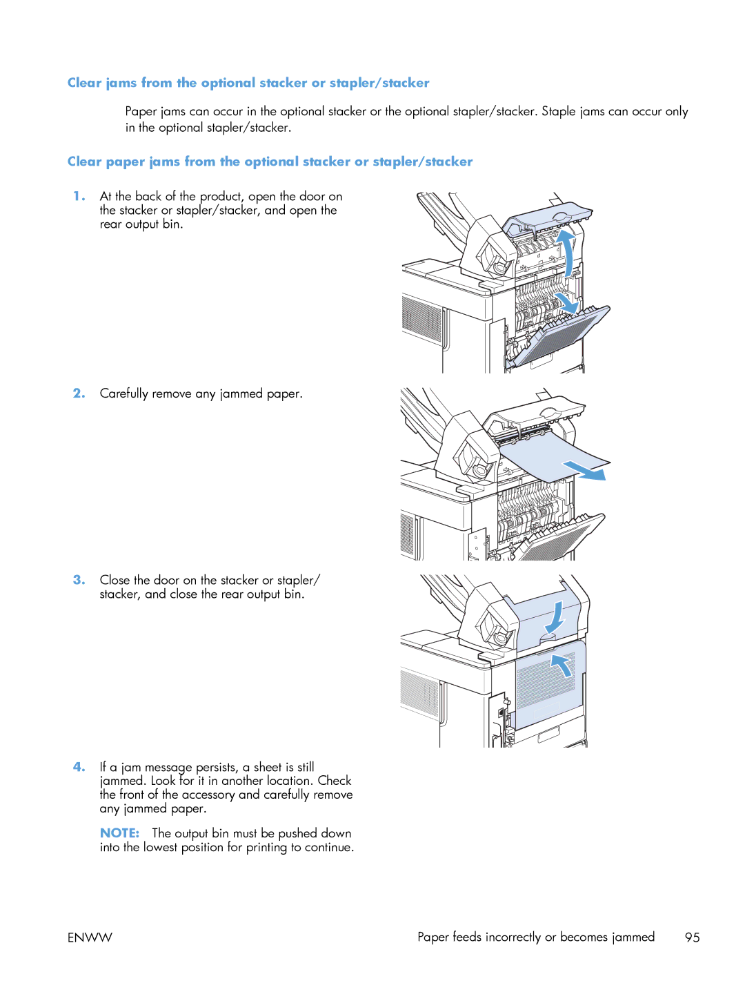 HP 600 M603XH Laser CE996A#BGJ manual Clear jams from the optional stacker or stapler/stacker 