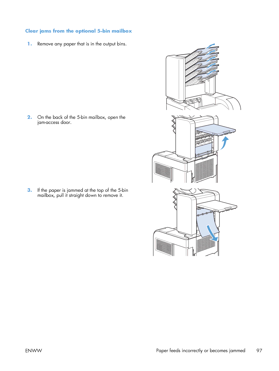 HP 600 M603XH Laser CE996A#BGJ manual Clear jams from the optional 5-bin mailbox 