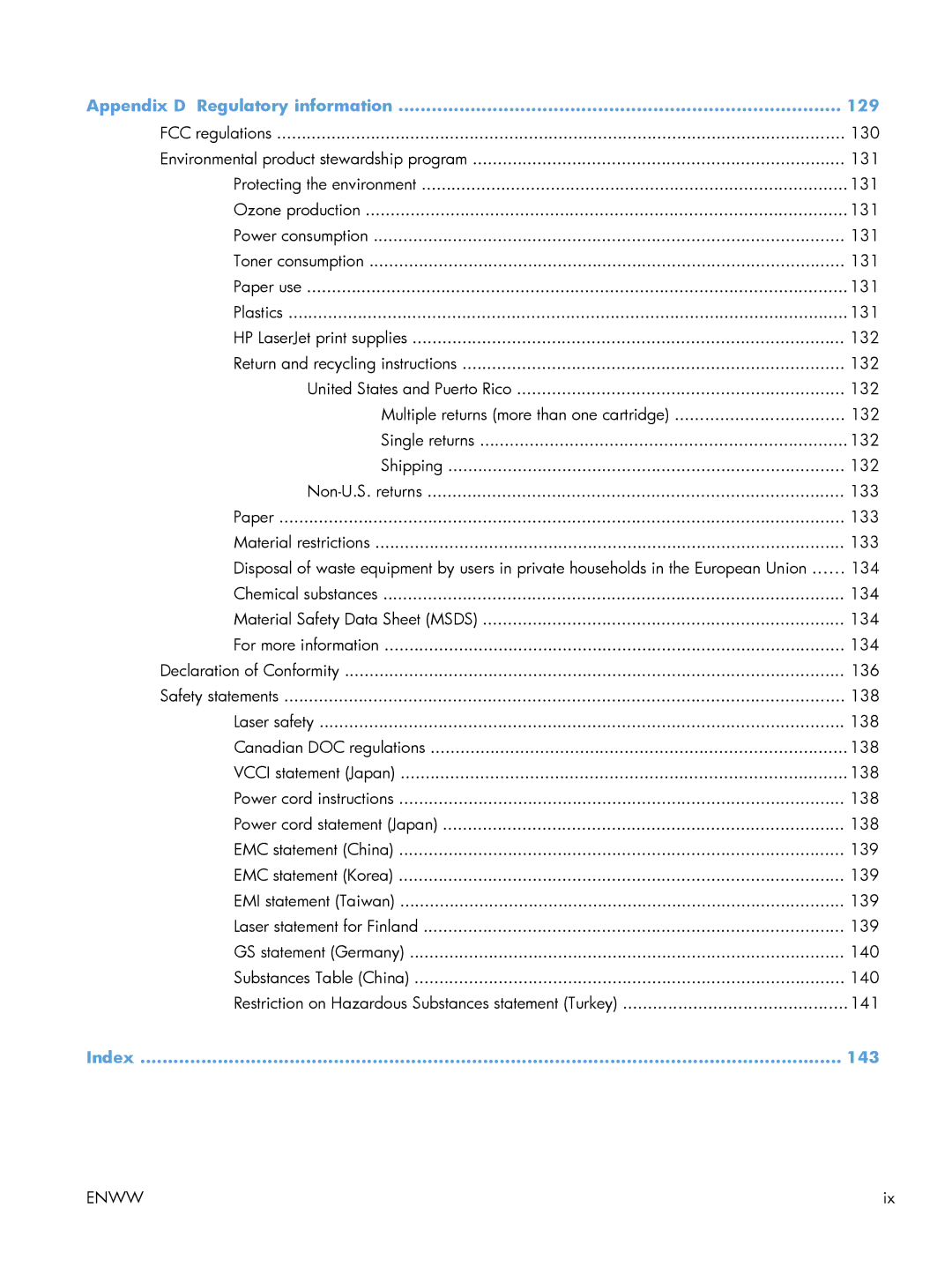 HP 600 M603XH Laser CE996A#BGJ manual Appendix D Regulatory information 129, Index 143 