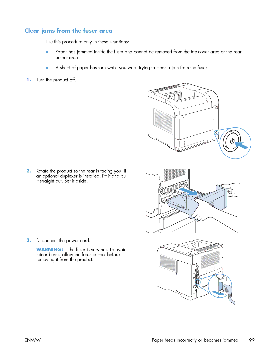 HP 600 M603XH Laser CE996A#BGJ manual Clear jams from the fuser area 