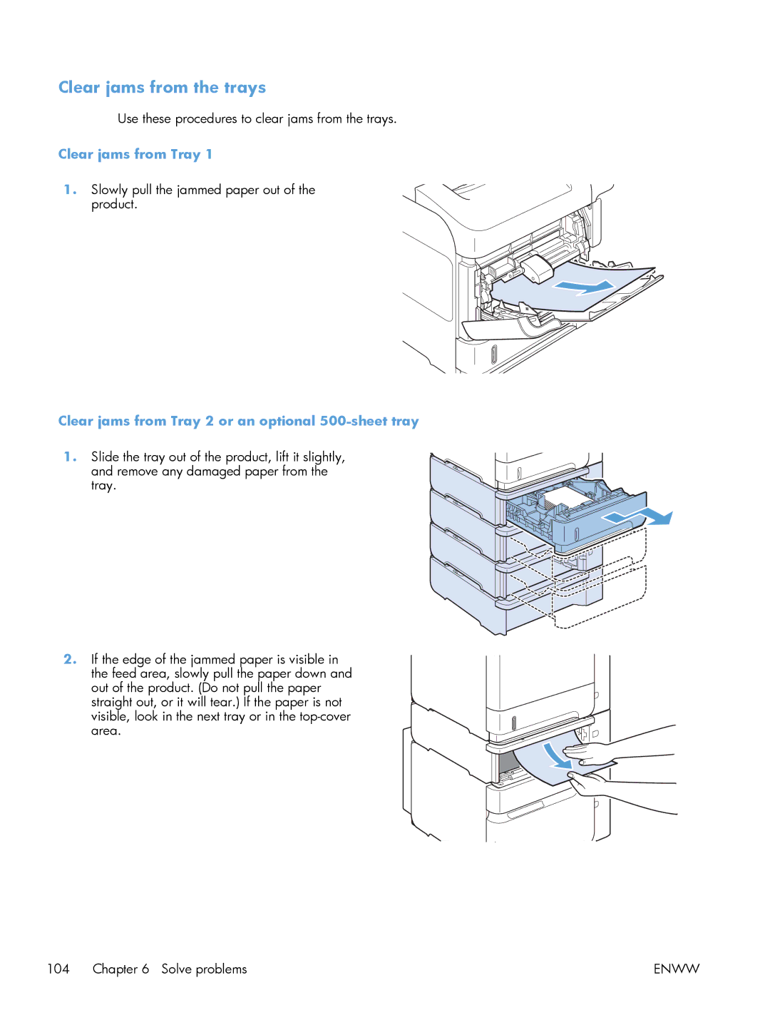 HP 600 M603XH Laser CE996A#BGJ manual Clear jams from the trays, Clear jams from Tray 