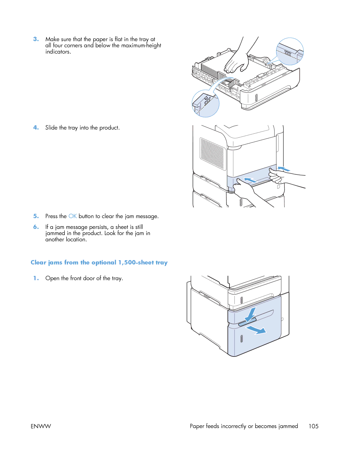 HP 600 M603XH Laser CE996A#BGJ manual Clear jams from the optional 1,500-sheet tray 