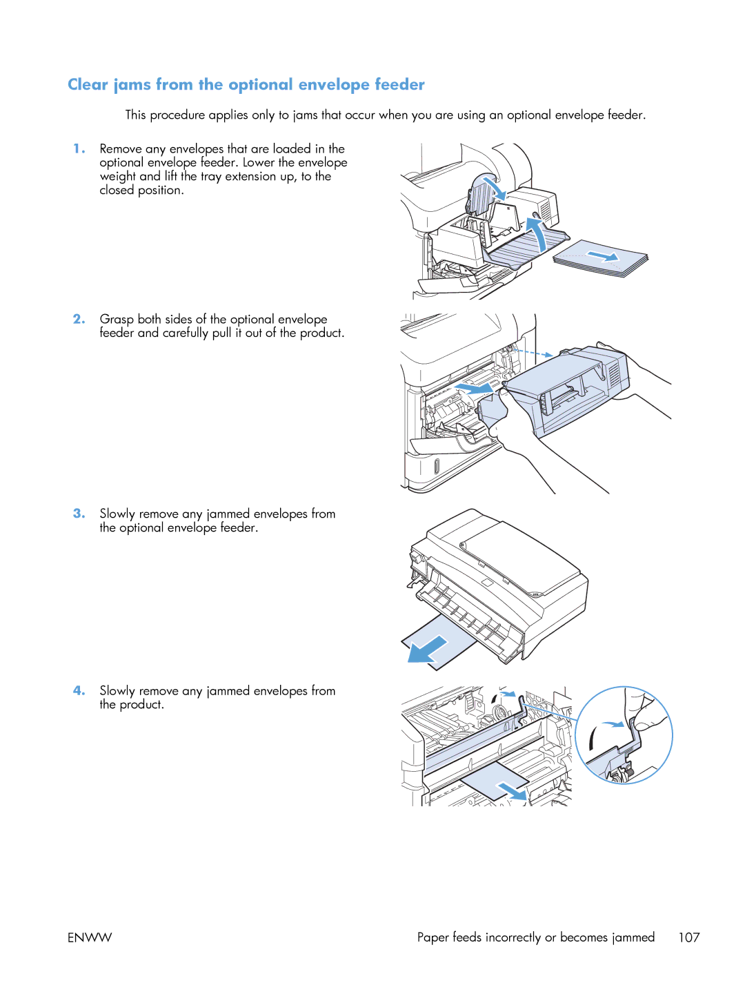 HP 600 M603XH Laser CE996A#BGJ manual Clear jams from the optional envelope feeder 