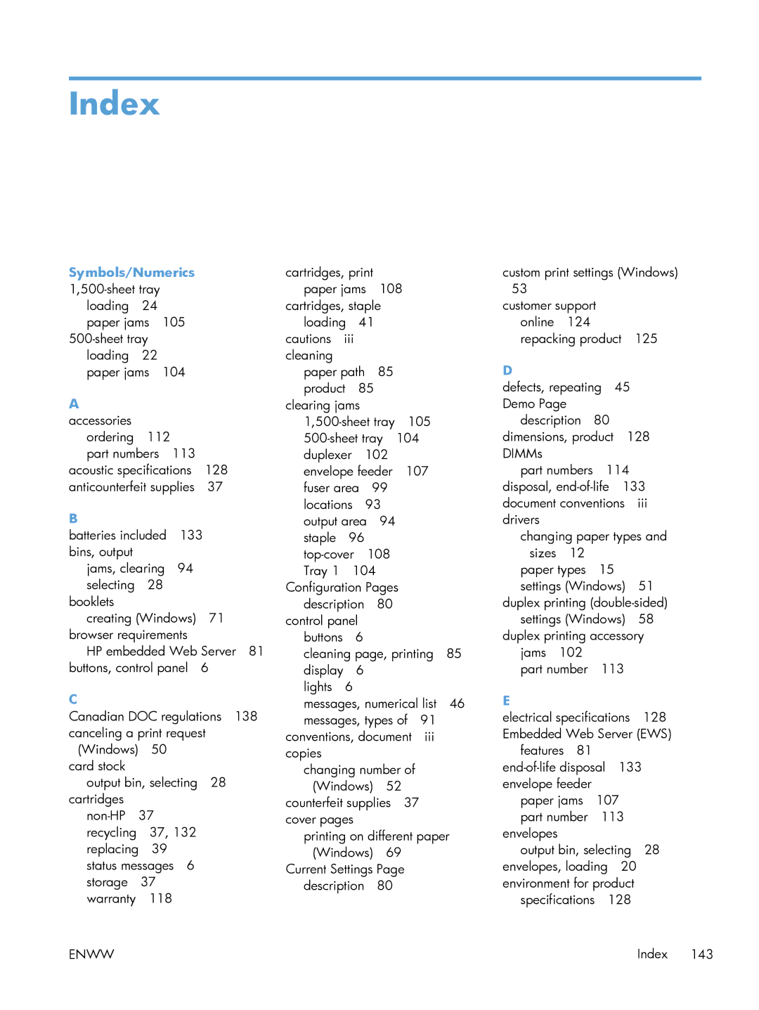 HP 600 M603XH Laser CE996A#BGJ manual Index, Symbols/Numerics 1,500-sheet tray, Accessories 